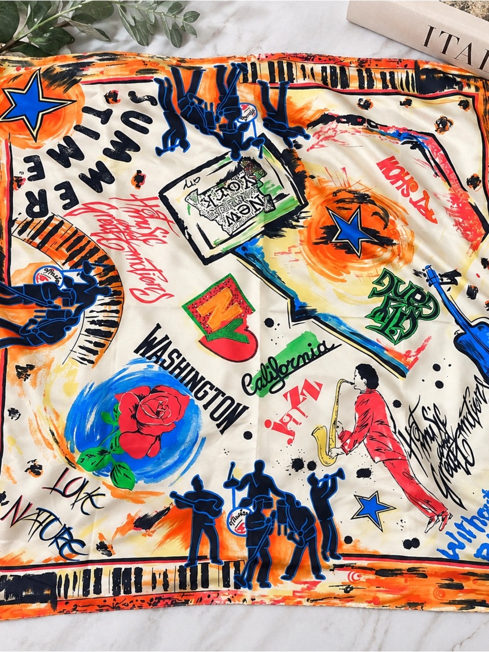VTG 1980s ID Unlimited Italian Scarf Jazz Art Print Washington 34” made in Italy